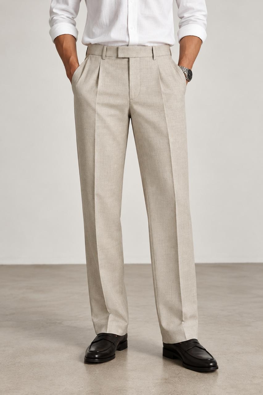 Champagne ivory Premium French Terry 4-Way Stretch Formal Pants with Flexi Waist | Textured Tailored Fit