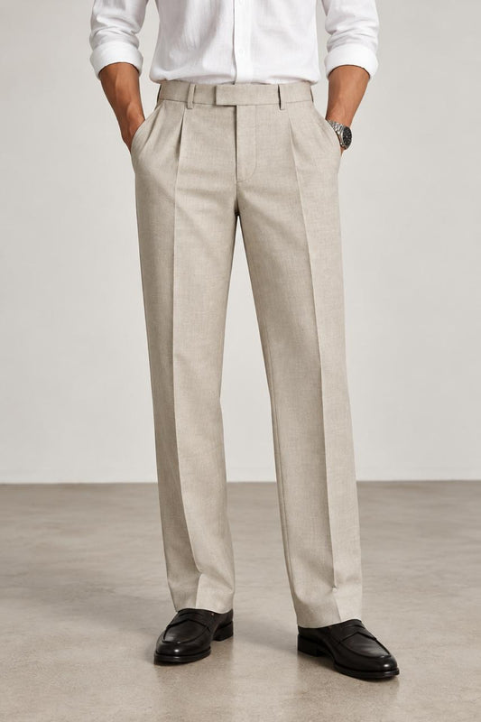 Champagne ivory Premium French Terry 4-Way Stretch Formal Pants with Flexi Waist | Textured Tailored Fit