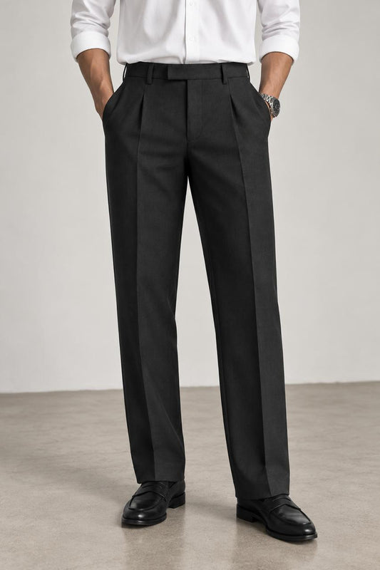 Midnight black Premium French Terry 4-Way Stretch Formal Pants with Flexi Waist | Textured Tailored Fit
