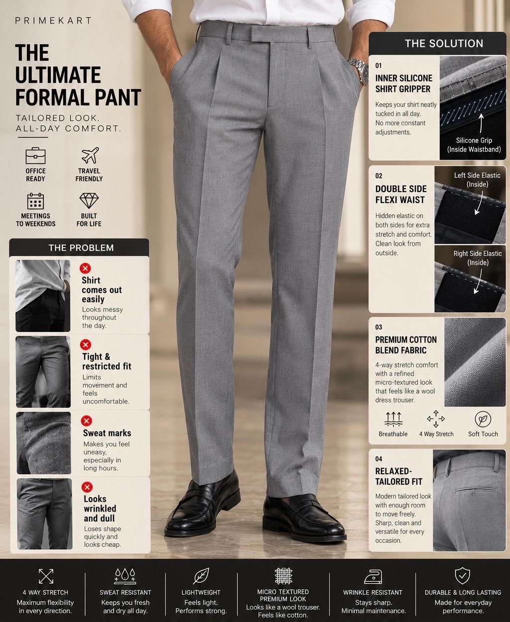 Moonstone grey Premium French Terry 4-Way Stretch Formal Pants with Flexi Waist | Textured Tailored Fit