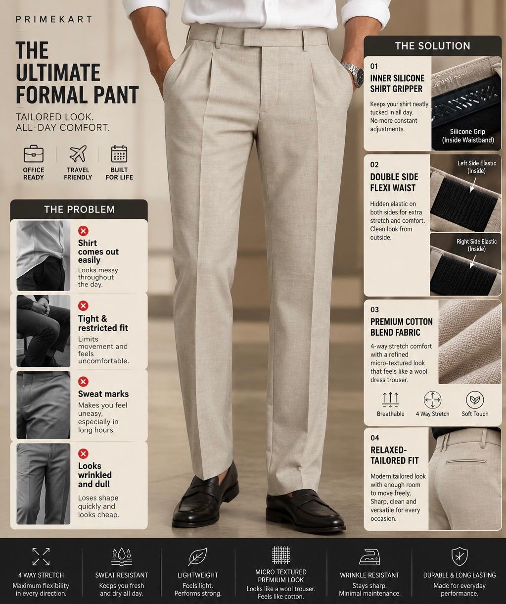 Champagne ivory Premium French Terry 4-Way Stretch Formal Pants with Flexi Waist | Textured Tailored Fit