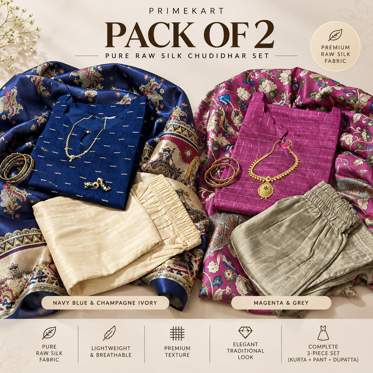 Pack of 2-Pure Raw Silk Churidar Set with Kalamkari Dupatta & Pant
