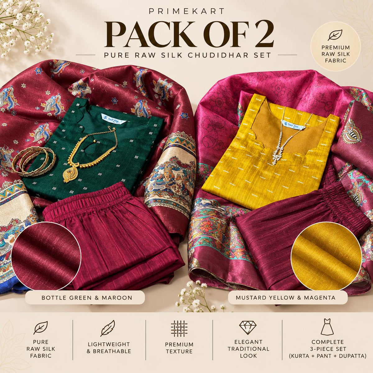 Pack of 2-Pure Raw Silk Churidar Set with Kalamkari Dupatta & Pant