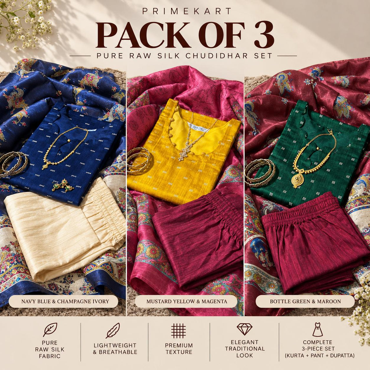 Pack of 3-Pure Raw Silk Churidar Set with Kalamkari Dupatta & Pant