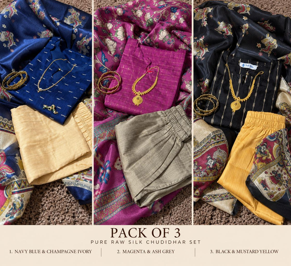 Pack of 3-Pure Raw Silk Churidar Set with Kalamkari Dupatta & Pant