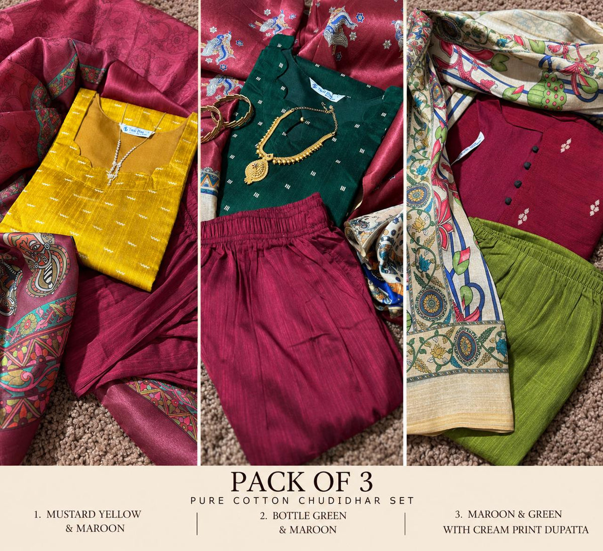 Pack of 3-Pure Raw Silk Churidar Set with Kalamkari Dupatta & Pant