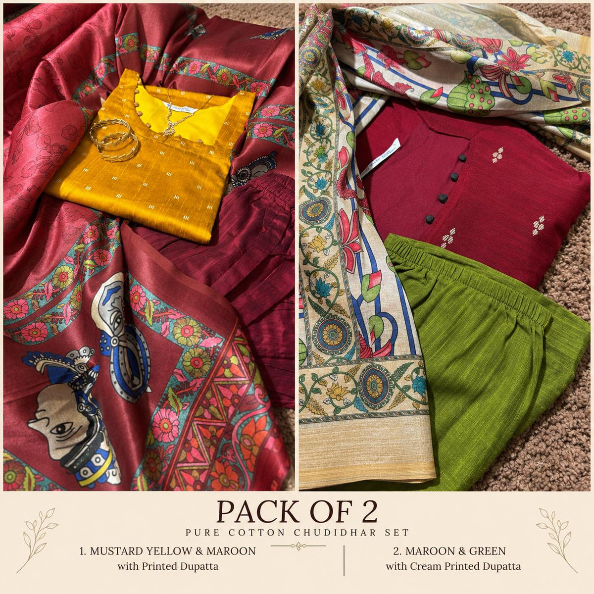 Pack of 2-Pure Raw Silk Churidar Set with Kalamkari Dupatta & Pant