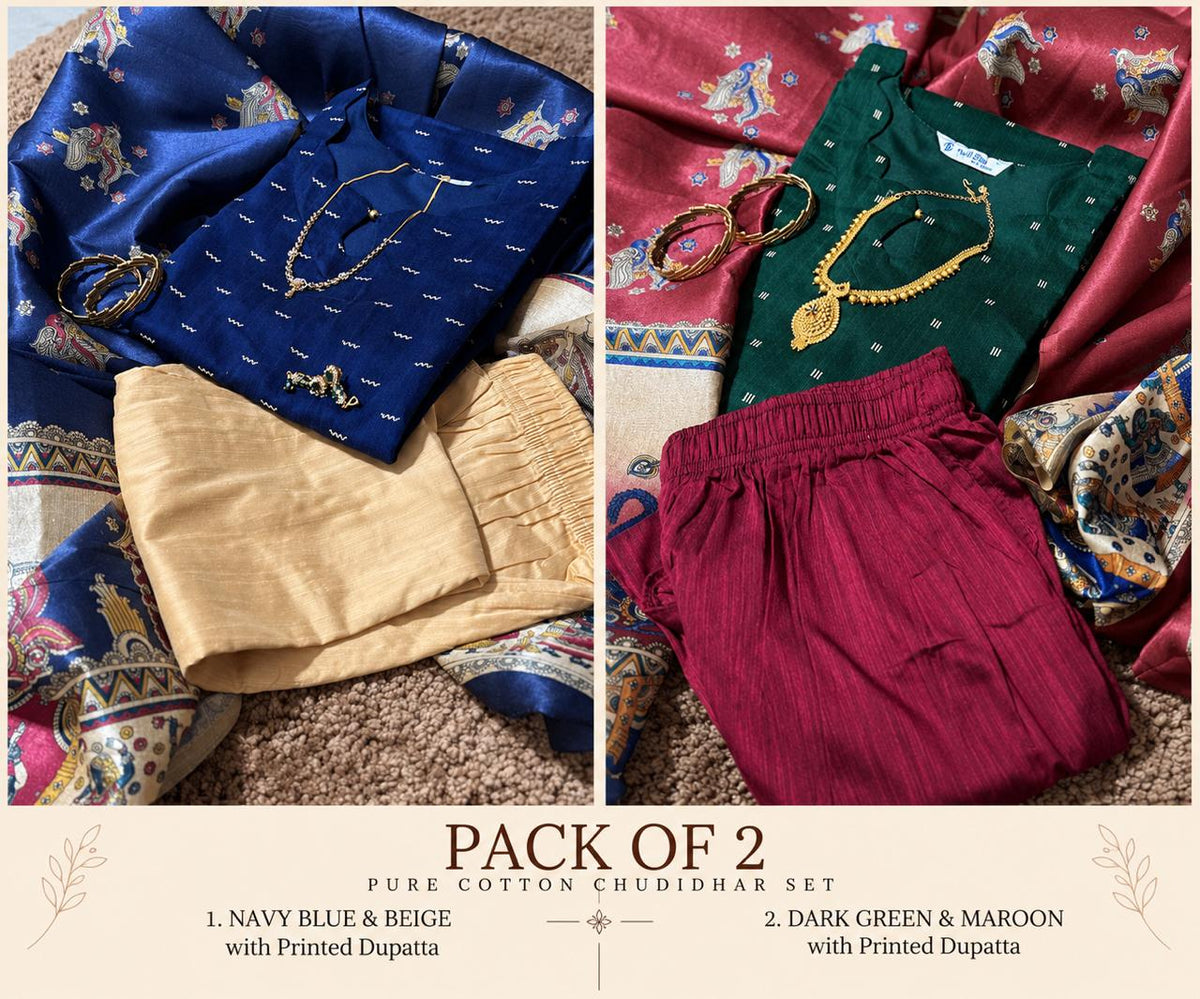 Pack of 2-Pure Raw Silk Churidar Set with Kalamkari Dupatta & Pant .