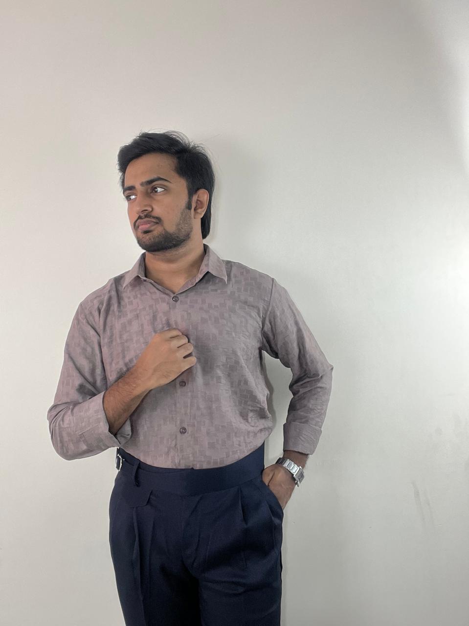 Mauve taupe textured self-design shirt & Navy blue linen Gurkha pants set