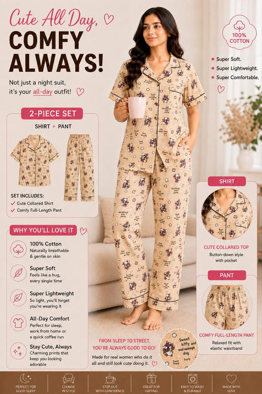 Sweet kitty Printed Premium 2-Piece Cotton Lounge Set
