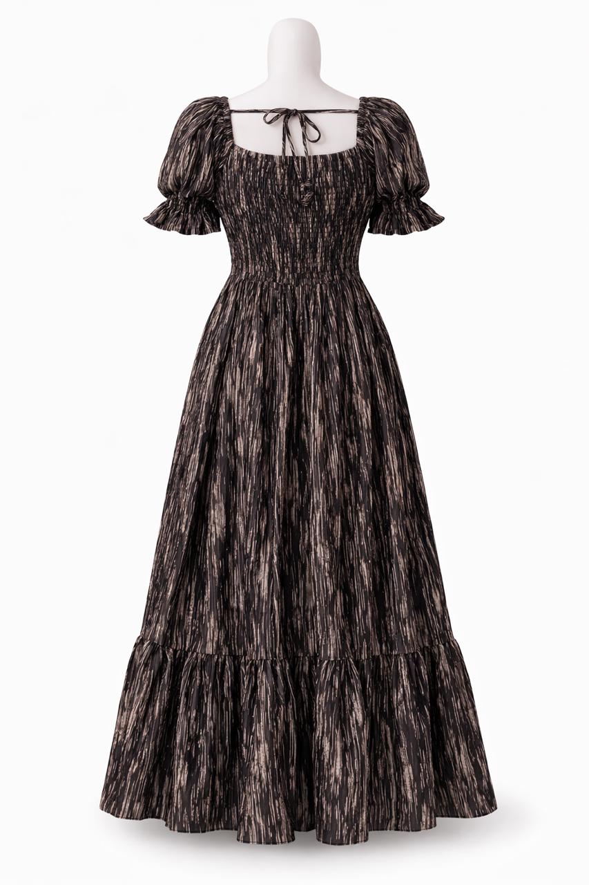 Women's Brown printed sundress with puff sleeves