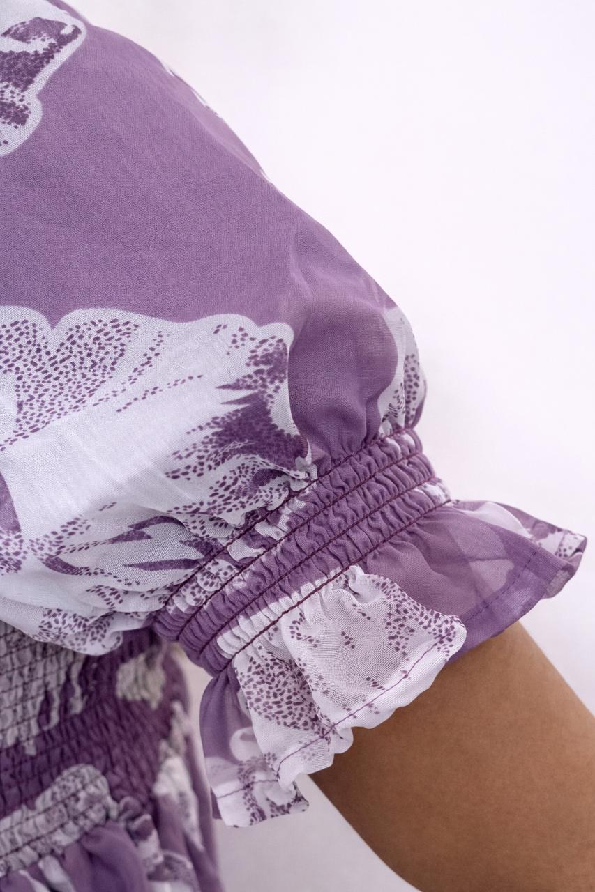 Women's mauve violet flower printed sundress with puff sleeves