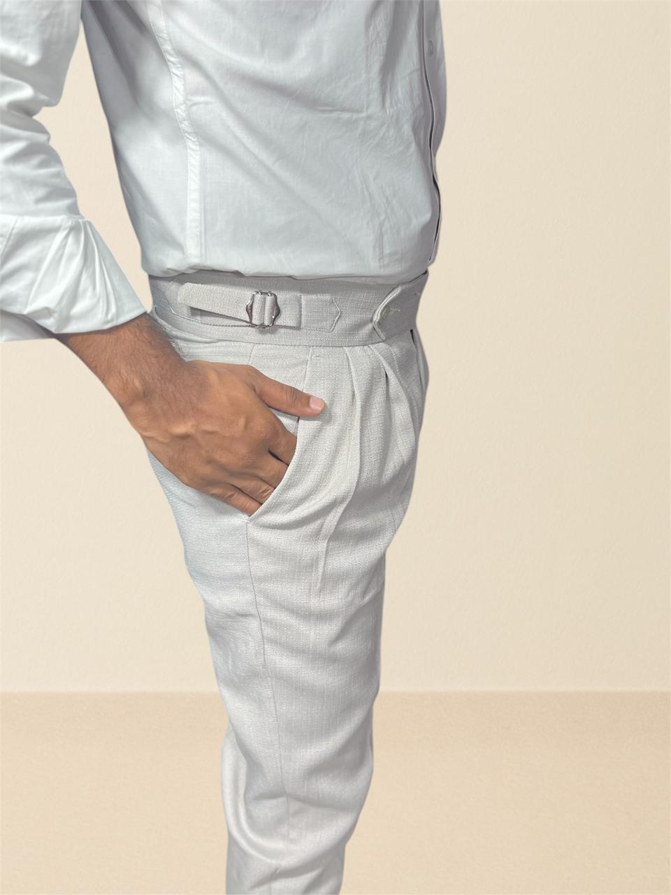 Cream Double _Bucle Linen Textured Gurkha pants for Men