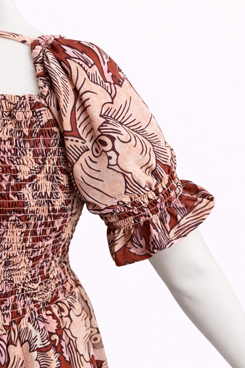 Women's Red printed sundress with puff sleeves