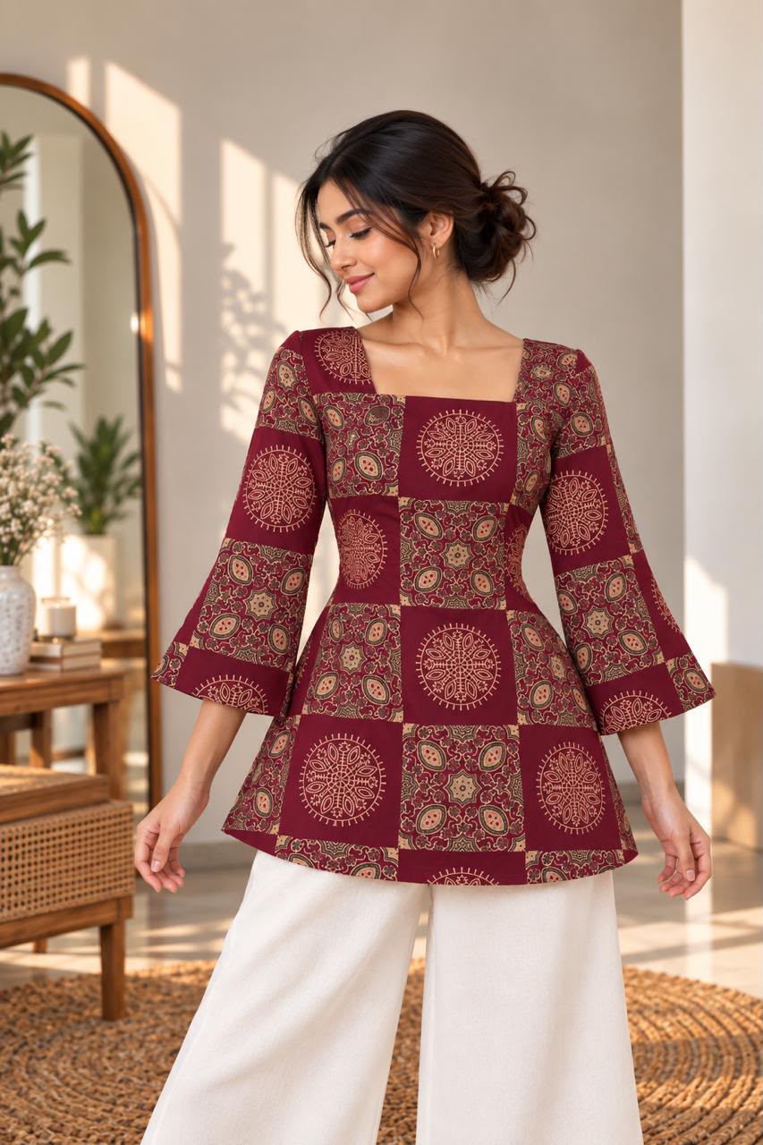 Velvet burgundy geometrical printed Premium 100% Pure Cotton Corset Back Knot Short Kurti | Printed Flared Kurti for Women