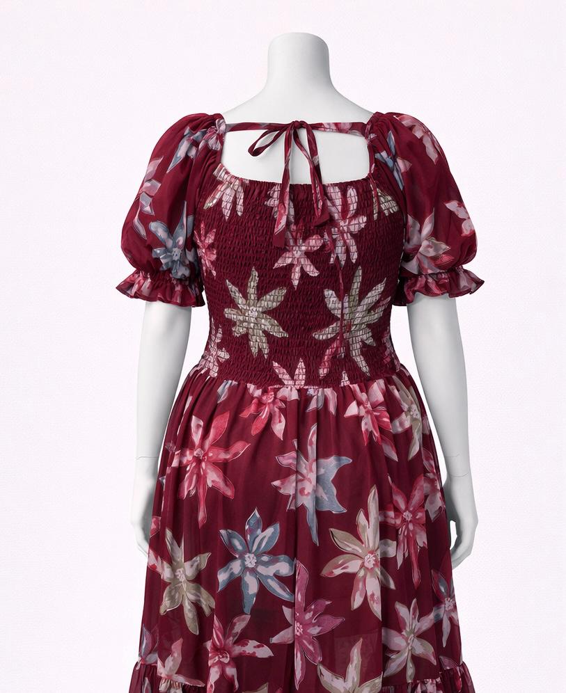 Women's burgundy printed sundress with puff sleeves