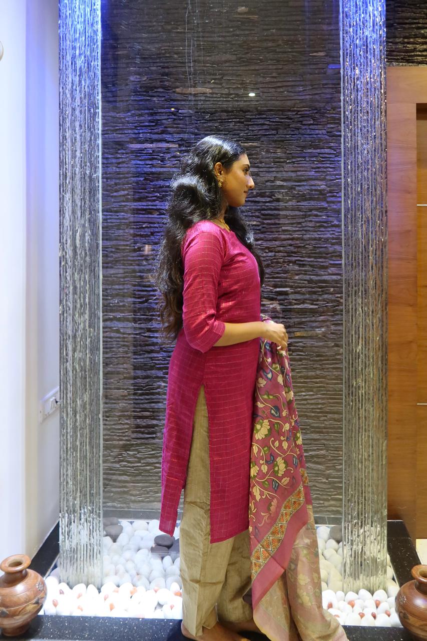 Pure Raw Silk Churidar Set with Kalamkari Dupatta & Pant