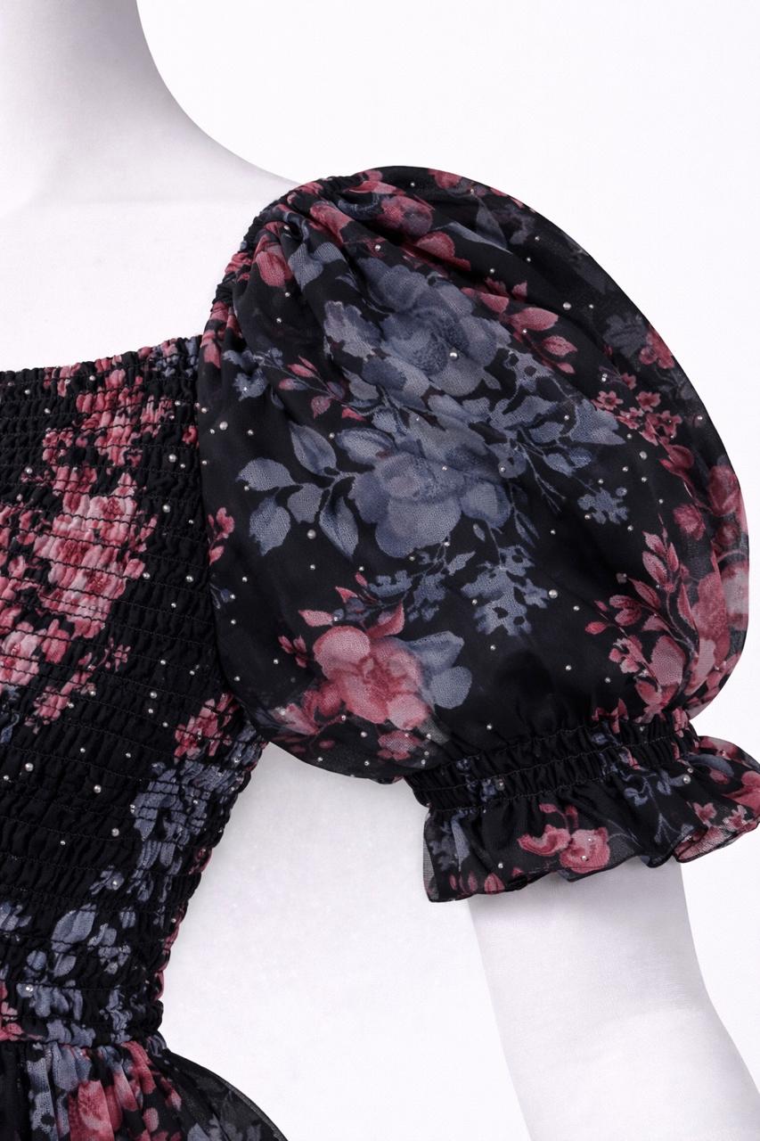 Women's Black & pink floral printed sundress with puff sleeves