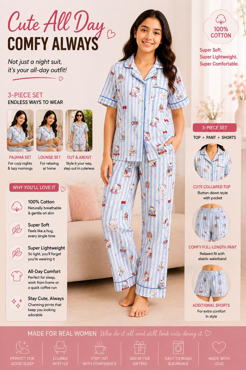 Kids kitty & Bow Printed Premium 3-Piece Cotton Lounge Set