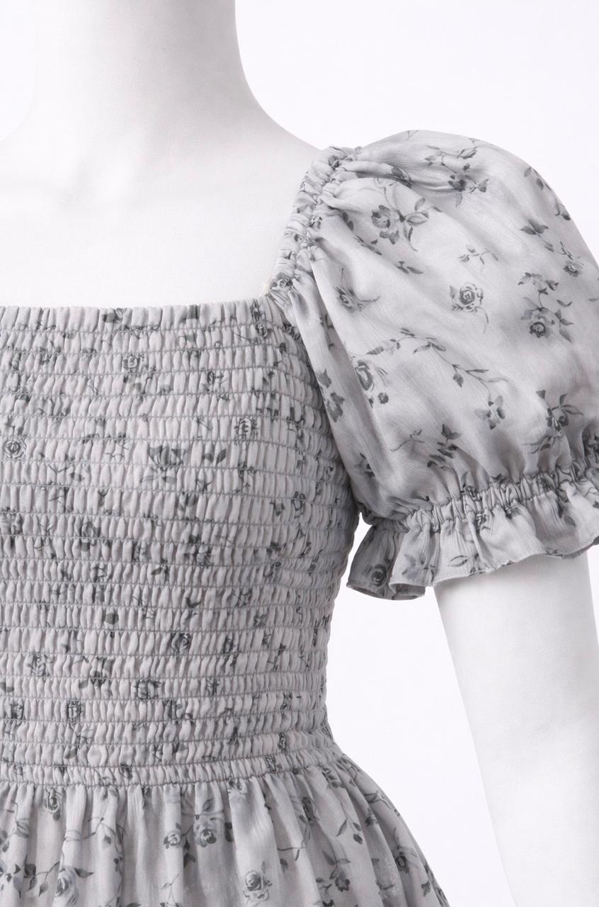 Women's grey floral printed embroidery sundress with puff sleeves