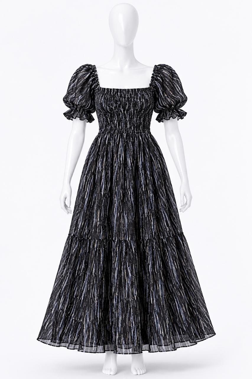 Women's Black printed sundress with puff sleeves