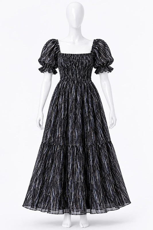 Women's Black printed sundress with puff sleeves