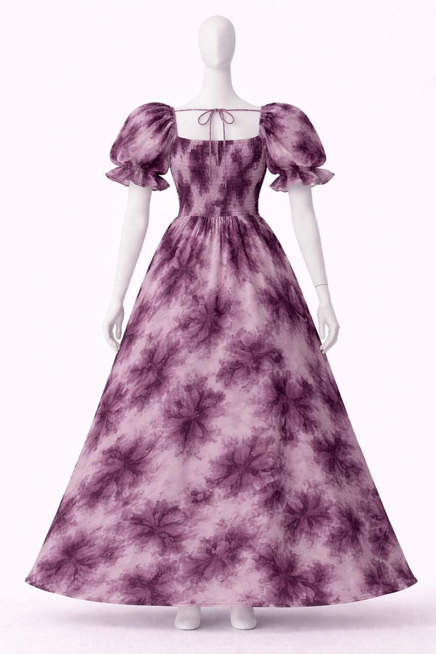 Women's purple & violet printed sundress with puff sleeves