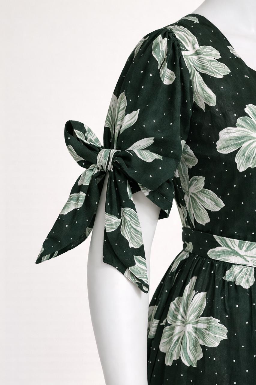 Women's green floral maxi with puff sleeves tie up dress
