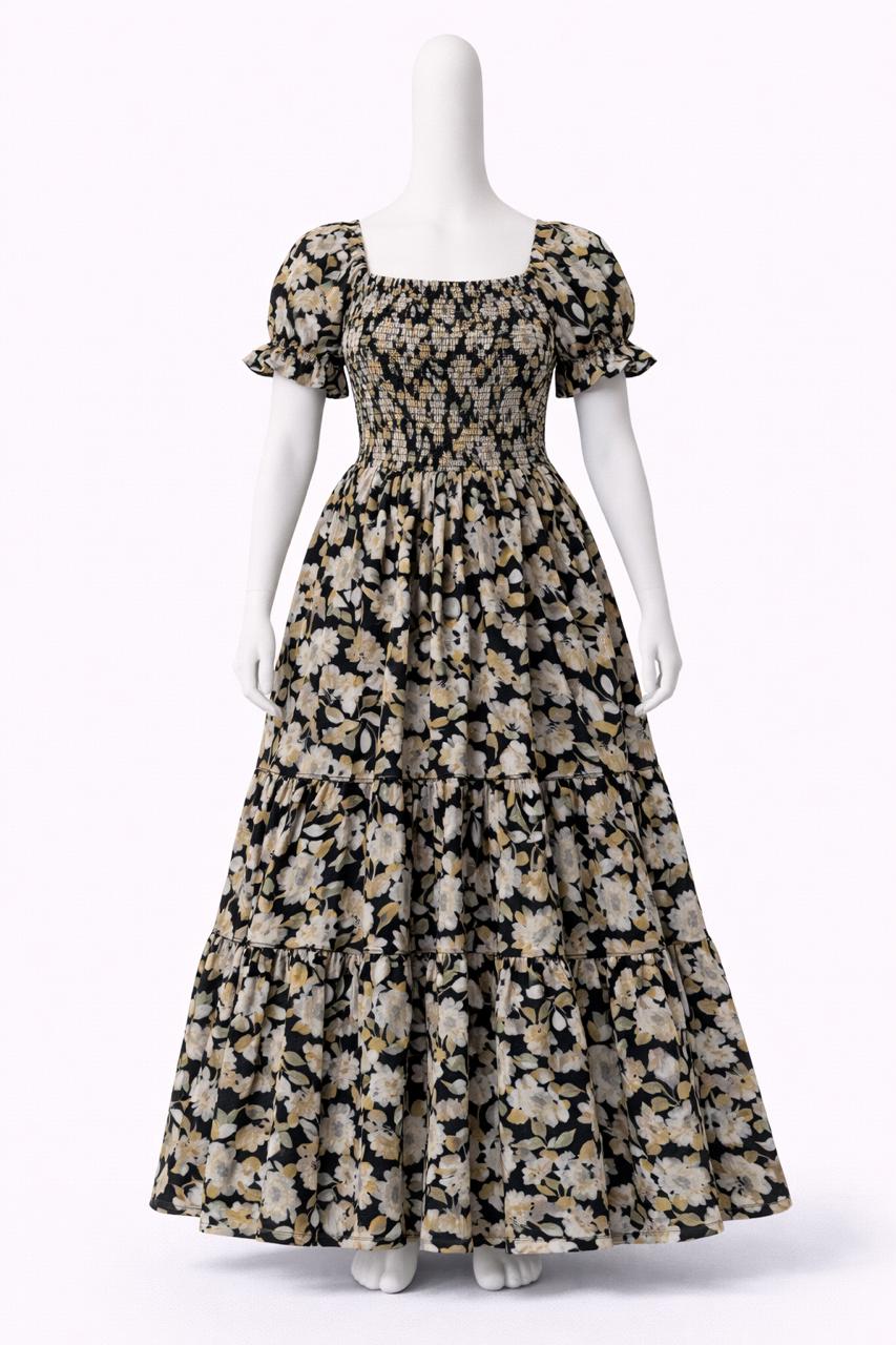 Women's Black & yellow floral printed sundress with puff sleeves