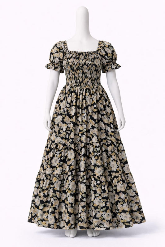 Women's Black & yellow floral printed sundress with puff sleeves