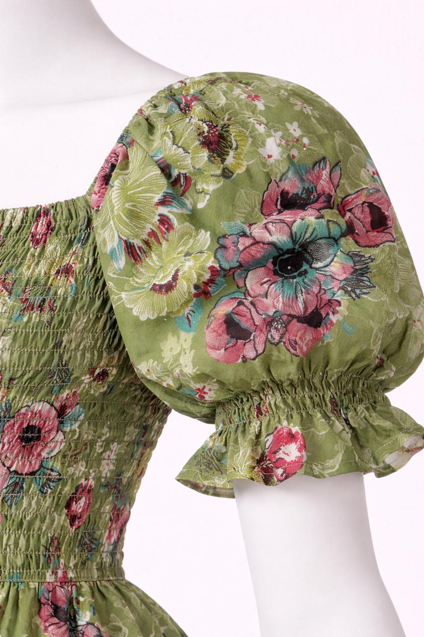 Women's green vibrant floral printed sundress with puff sleeves