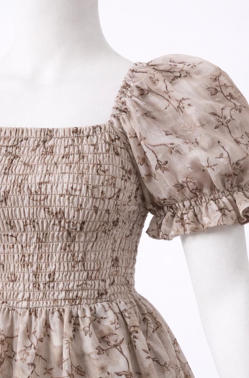 Women's Blush cream floral printed embroidery sundress with puff sleeves