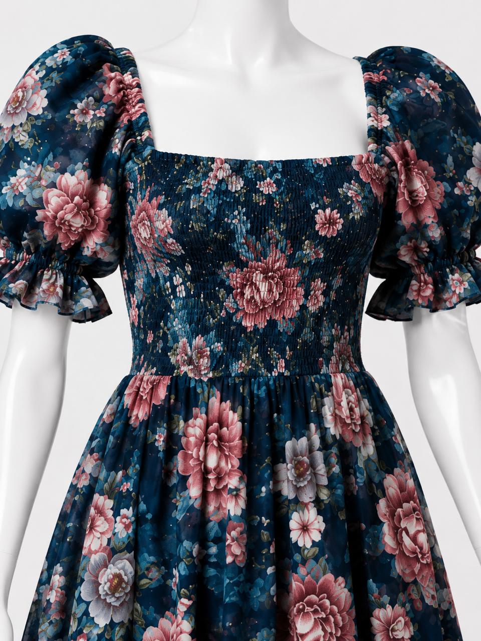 Women's sundress navy blue floral print with puff sleeves