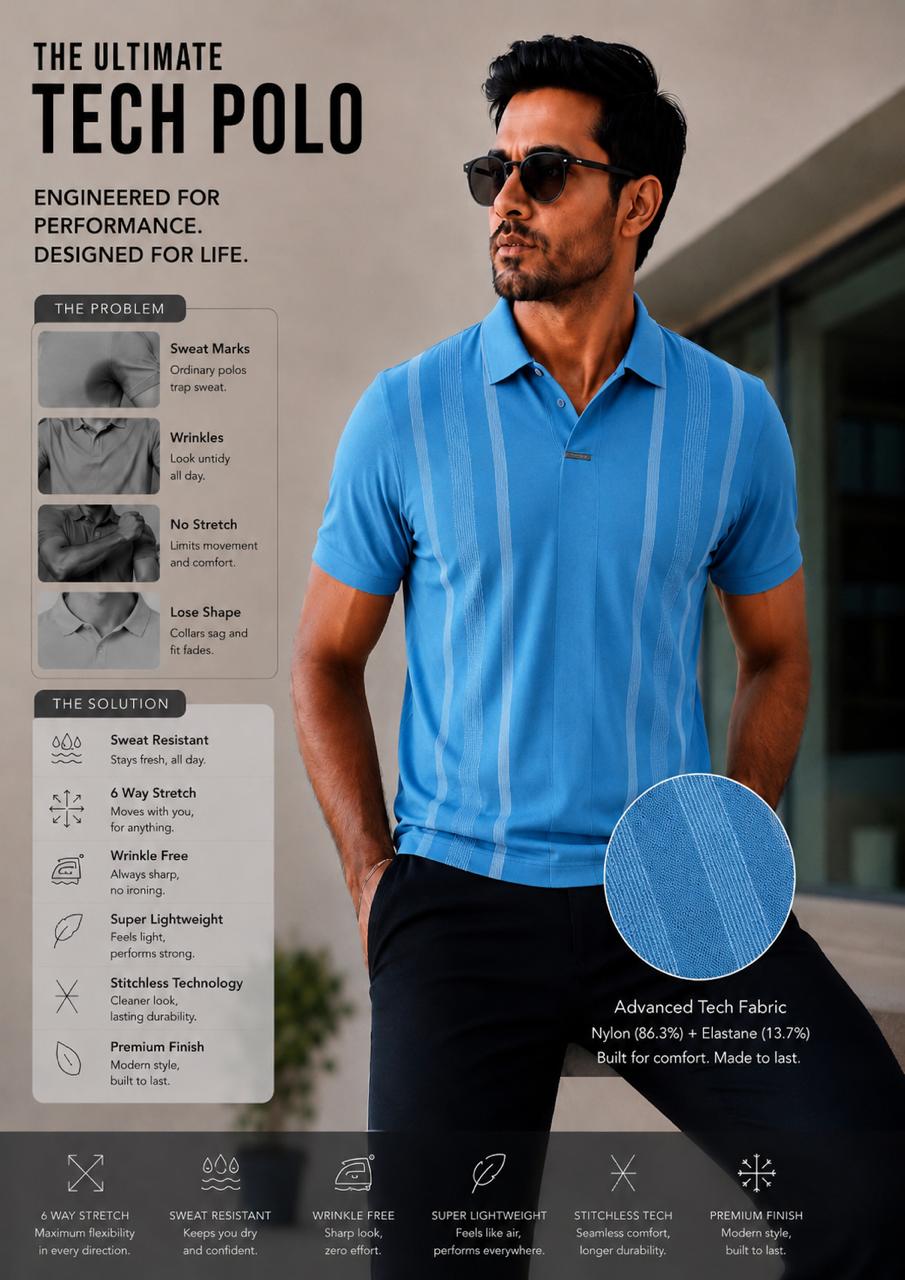 Men's Premium Breathable Sky blue Tech Polo – Wrinkle-Free Dry-Fit Performance Workwear