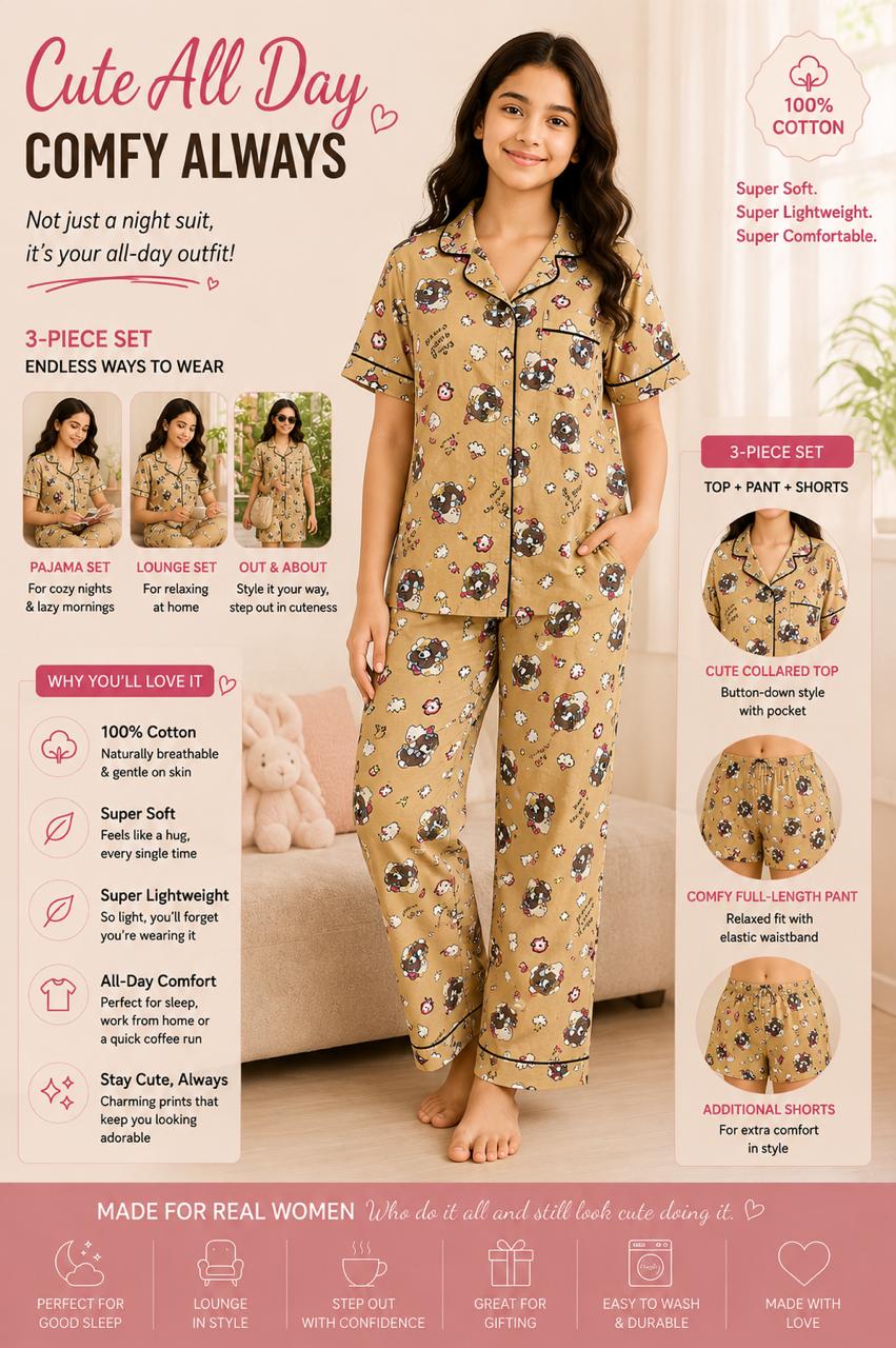 Kids Sweet kitty Printed Premium 3-Piece Cotton Lounge Set