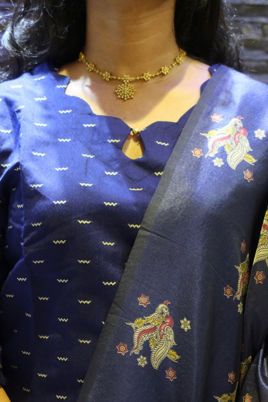 Pure Raw Silk Churidar Set with Kalamkari Dupatta & Pant
