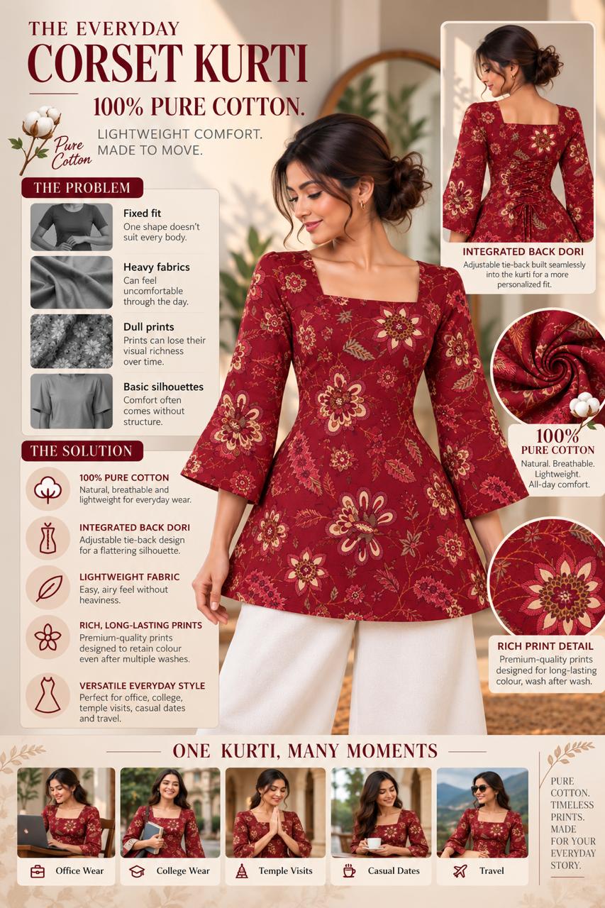 Burgundy floral printed Premium 100% Pure Cotton Corset Back Knot Short Kurti | Printed Flared Kurti for Women