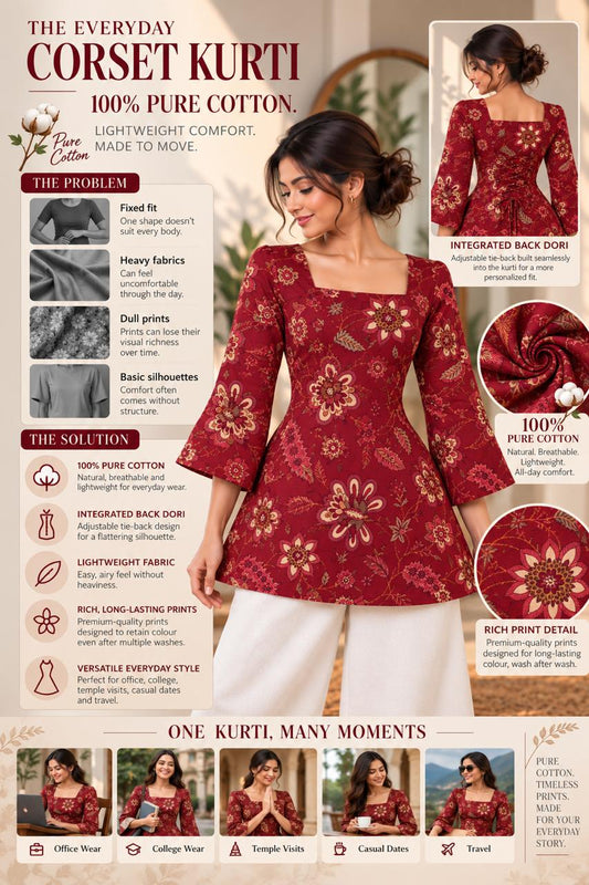 Burgundy floral printed Premium 100% Pure Cotton Corset Back Knot Short Kurti | Printed Flared Kurti for Women