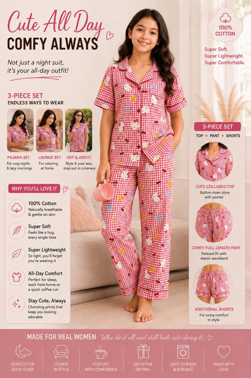 Kids Hello kitty Printed Premium 3-Piece Cotton Lounge Set