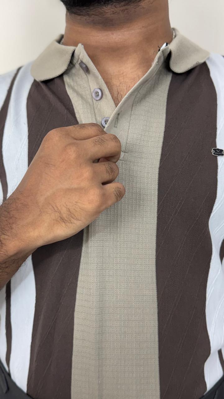 Men’s Beige & brown Knitted Cotton Polo T-Shirt | Premium Vertical Stripe Polo Tee