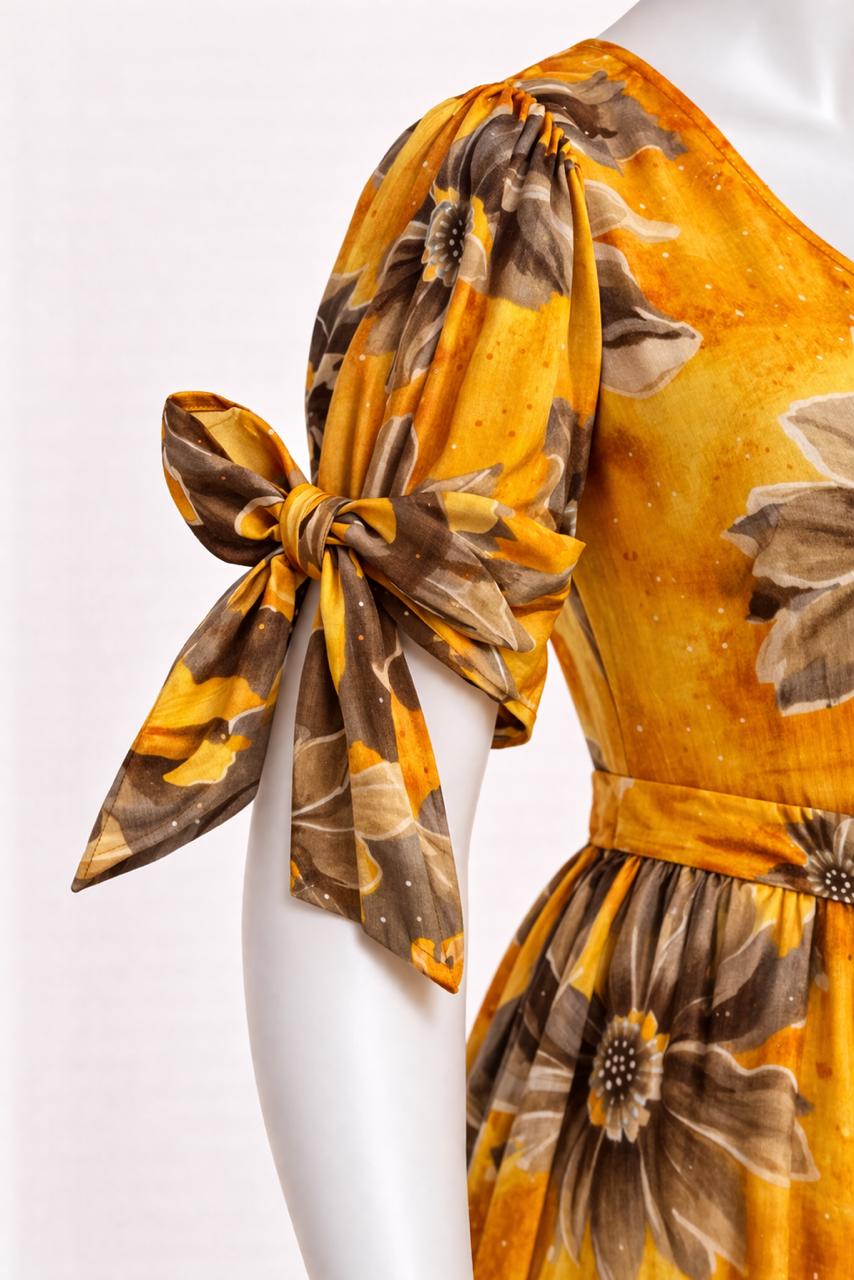 Women's yellow floral printed maxi with puff sleeves tie up dress