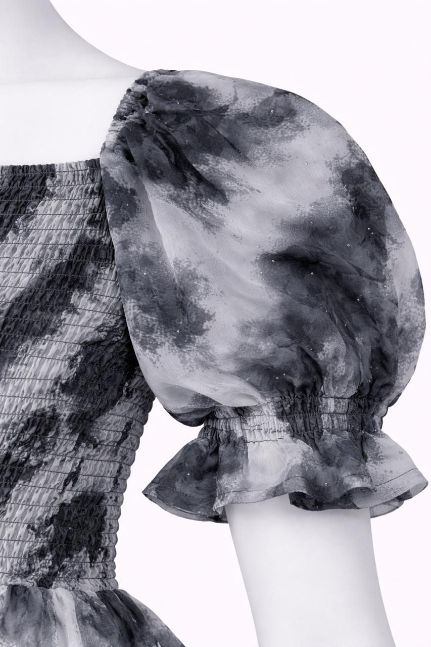 Women's Black & grey floral printed sundress with puff sleeves