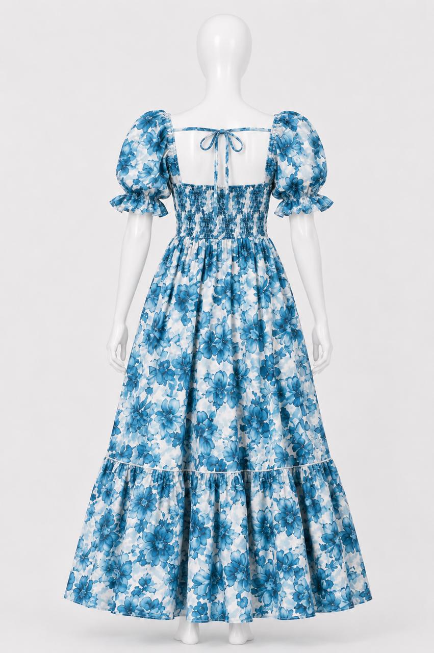 Women's blue printed sundress with puff sleeves