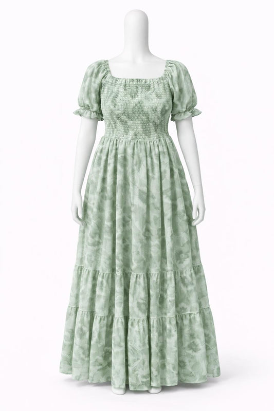 Women's Light Green printed sundress with puff sleeves