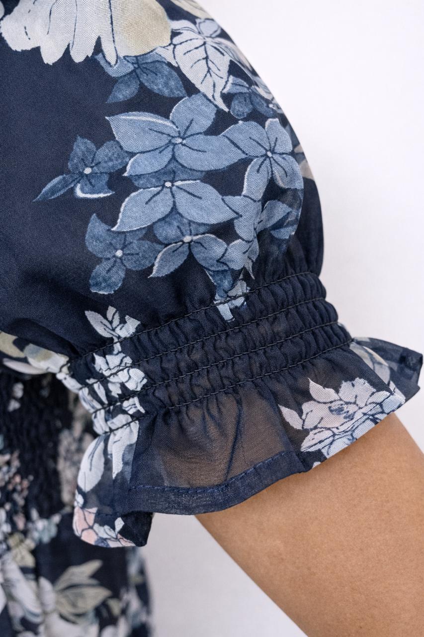 Women's Navy blue floral printed sundress with puff sleeves
