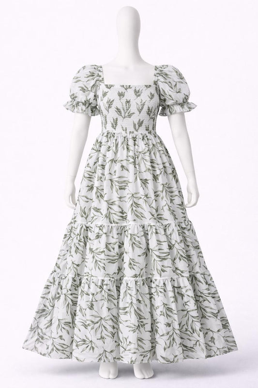 Women's green leaf printed sundress with puff sleeves