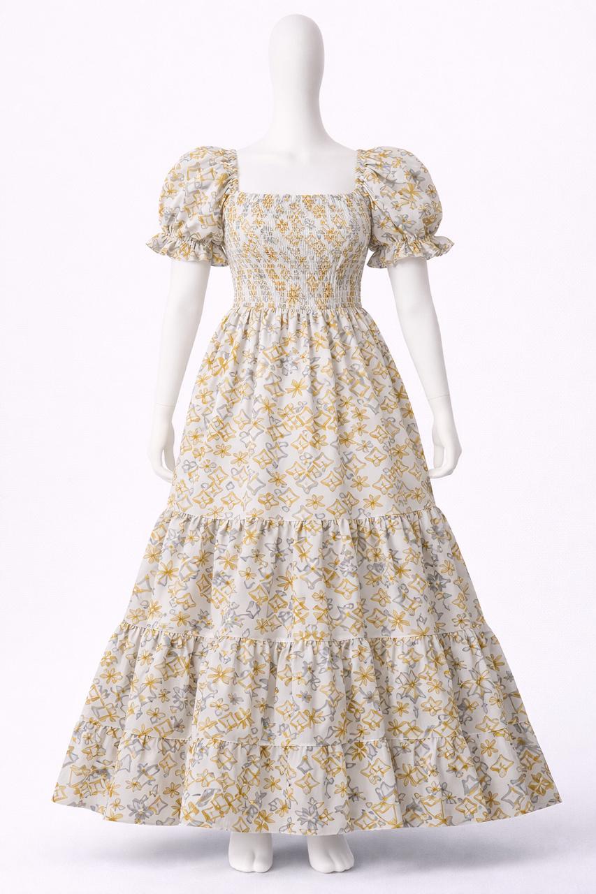 Women's white & yellow floral printed sundress with puff sleeves