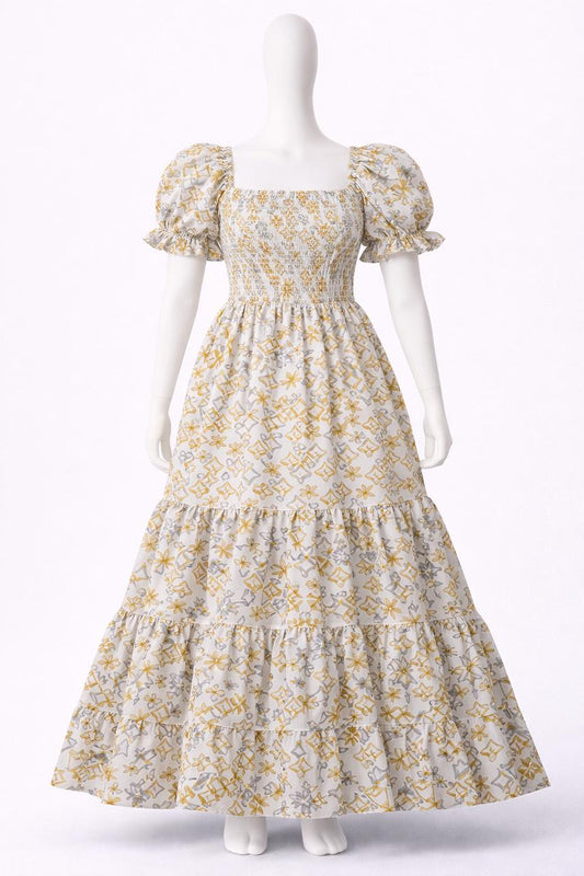Women's white & yellow floral printed sundress with puff sleeves