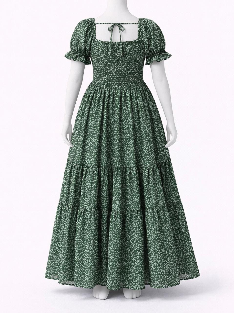 Women's green floral printed sundress with puff sleeves