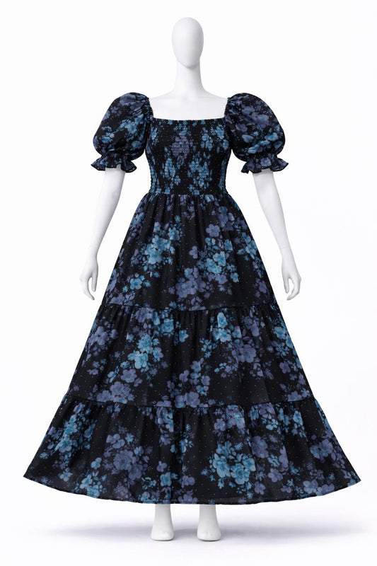 Women's Black & blue floral printed maxi dress with puff sleeves